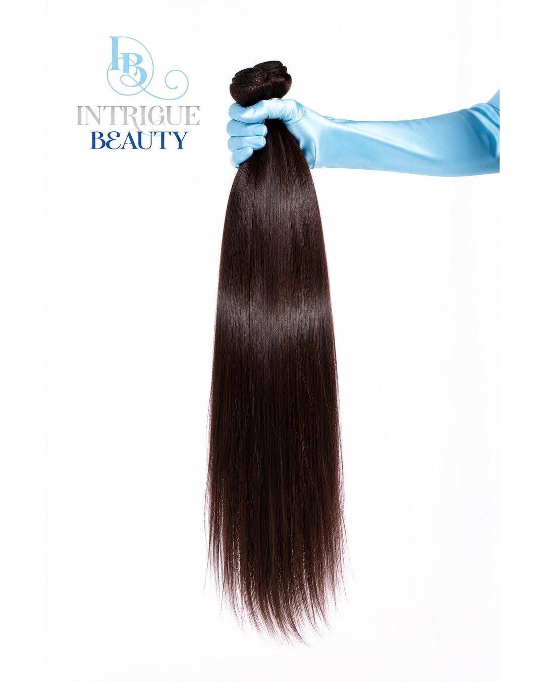Straight hair bundle held up by a blue satin glove, Intrigue Beauty logo