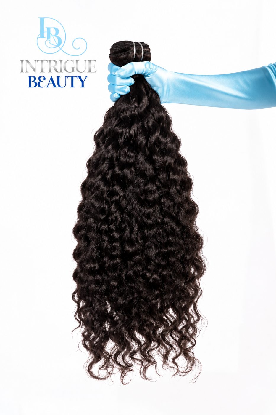 Curly hair bundle held up by a blue satin glove, Intrigue Beauty logo